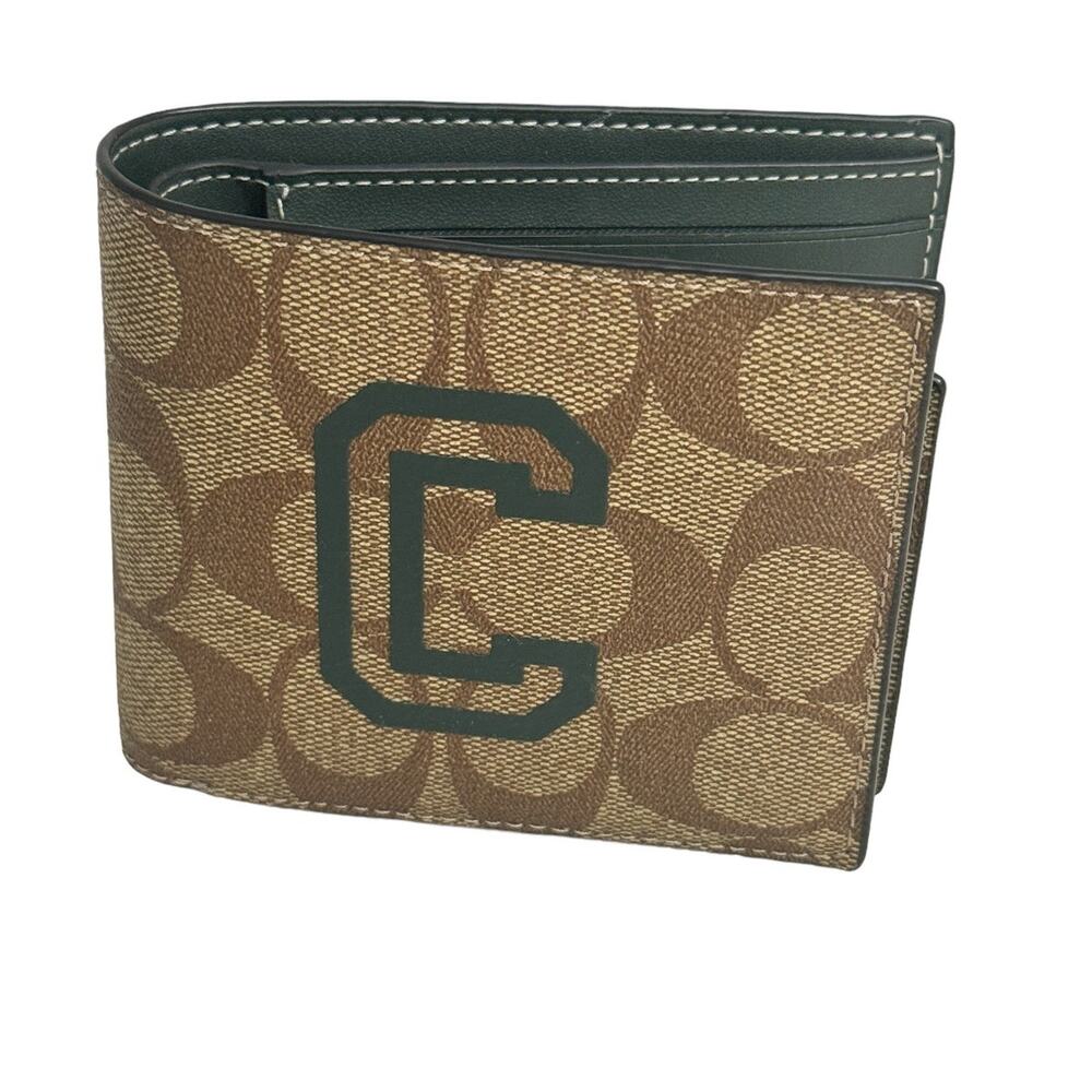 Coach Men's 3 In 1 Wallet In Signature Canvas With Varsity Motif Khaki New